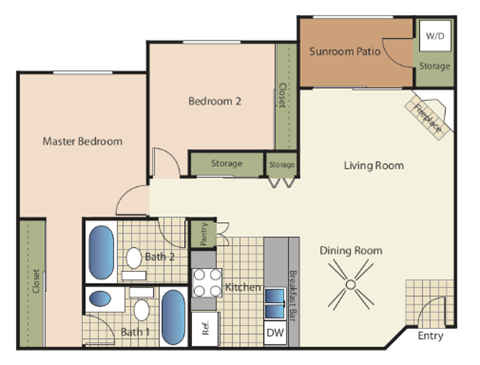Two bedrooms two bathrooms apartment floorplan